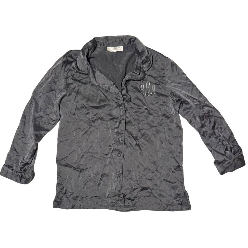 Texere Silk Hand Painted Silk Pajama Top Gray Monogram Button Down Sleep Shirt M